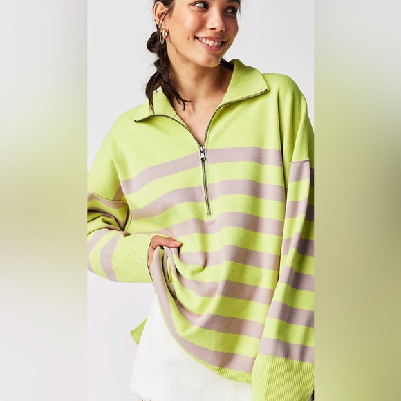 Free People Sweaters - Free People Coastal Stripe Pullover Zip Front Neckline Ribbed Hems Lime Purple
